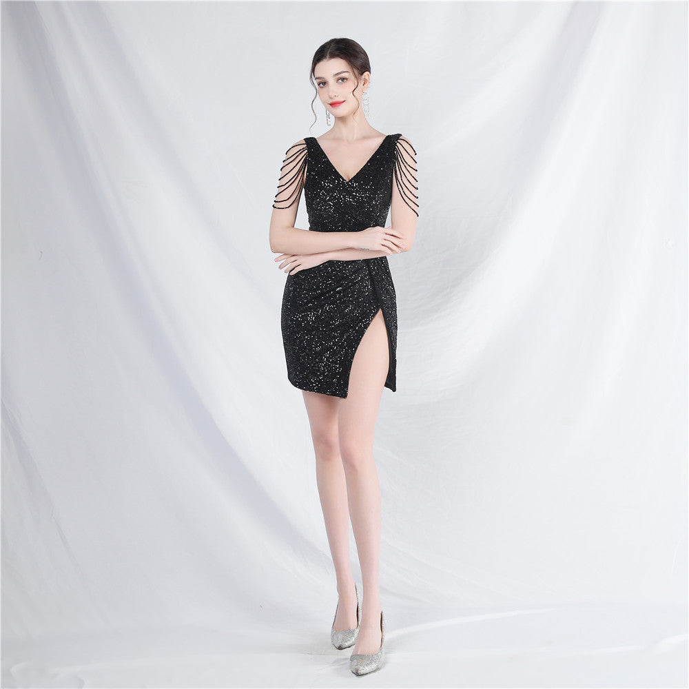 Elegant luxury sequin v-neck Short Party Dresses 12