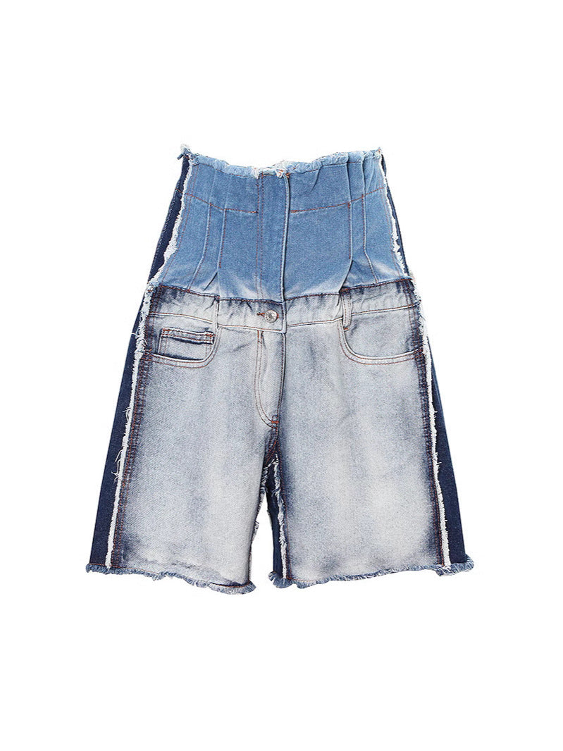Women's Fashion High Waist Distressed Patchwork Denim Shorts