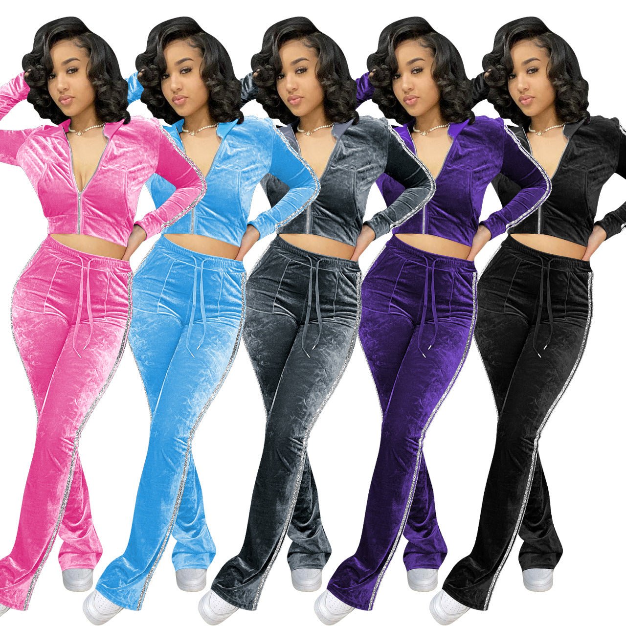 Women's Solid Velvet Casual Zip Top Wide Leg Pants Two Piece Tracksuit