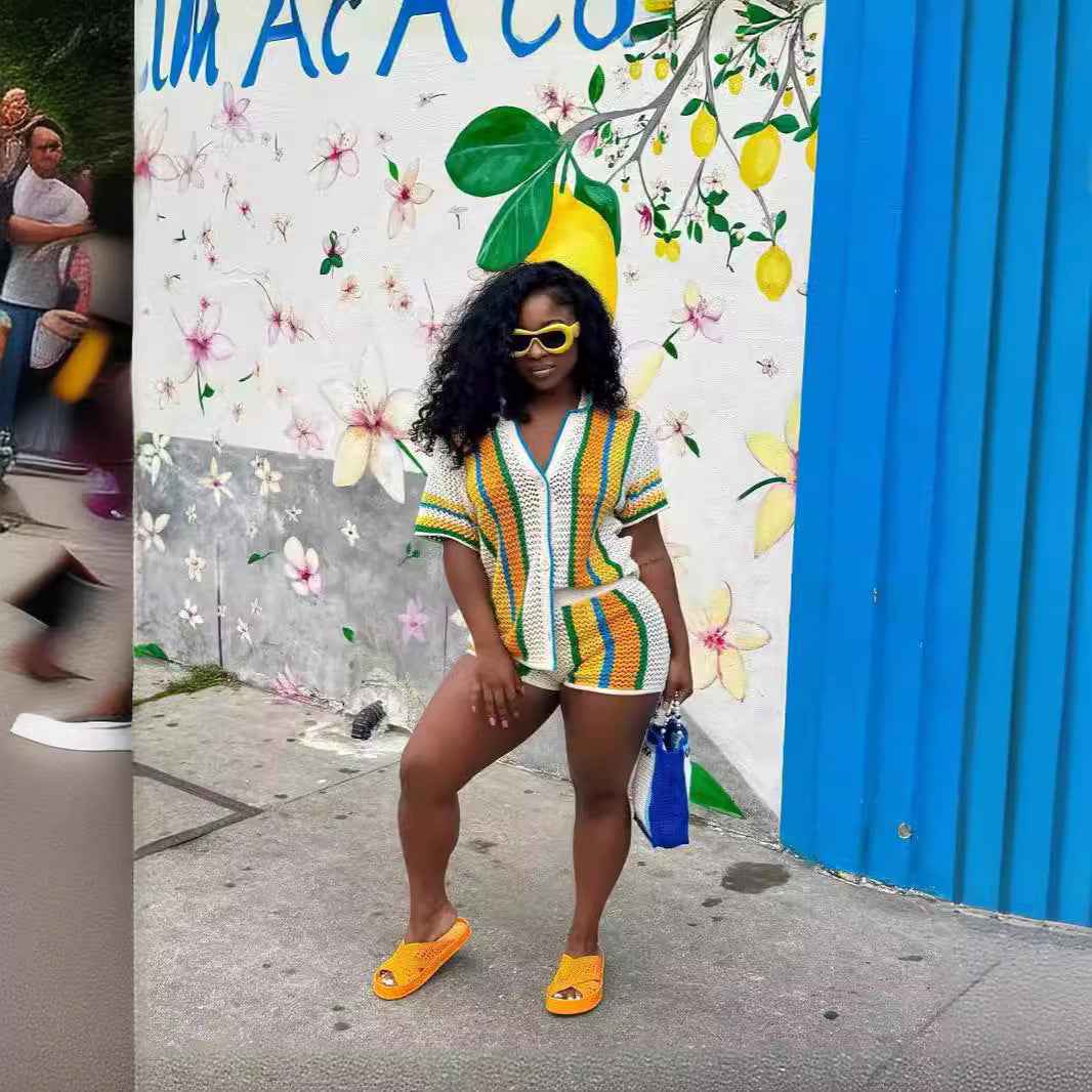 Women's Sexy Hollow See-Through Turndown Collar Knitting Two Piece Shorts Set 13