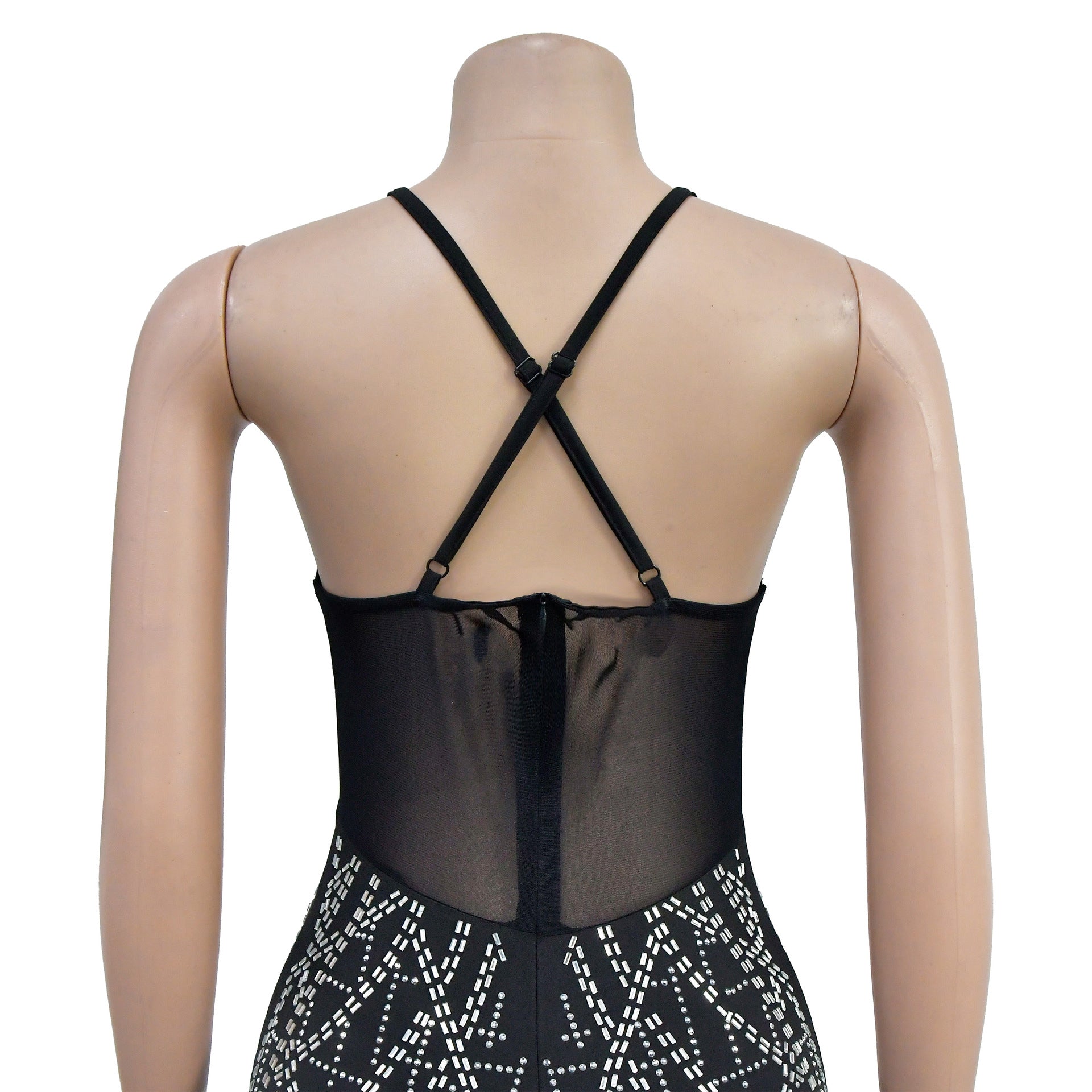 Fashion Women's Solid Color Mesh Beaded Straps Long Dress 19