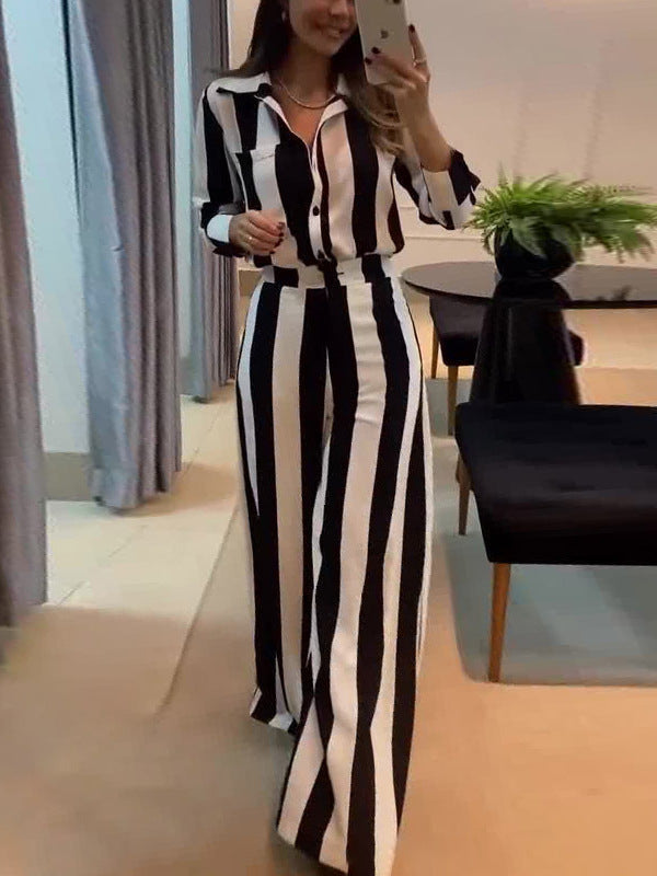 Black & White Striped Button Pocket Shirt Wide-Leg Pants Set