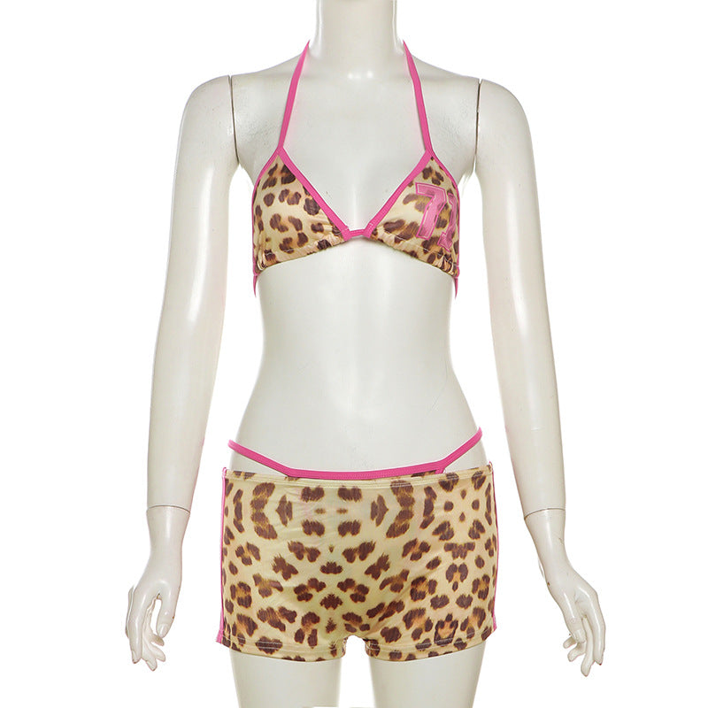 Summer women's contrast strap leopard print bra high waist Bodycon Shorts Set 8