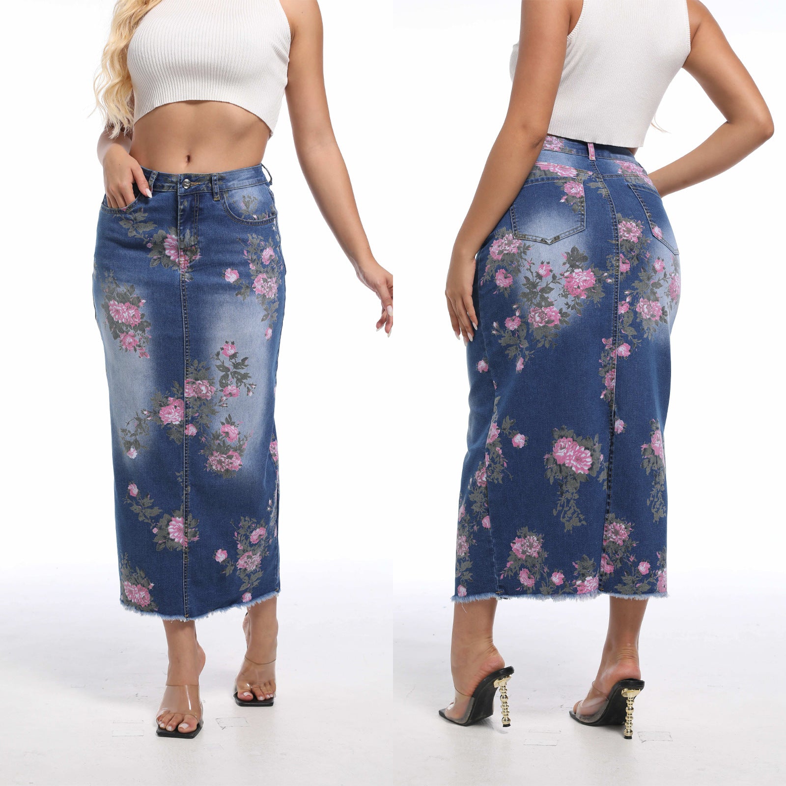 Women Printed Denim Bodycon Skirt