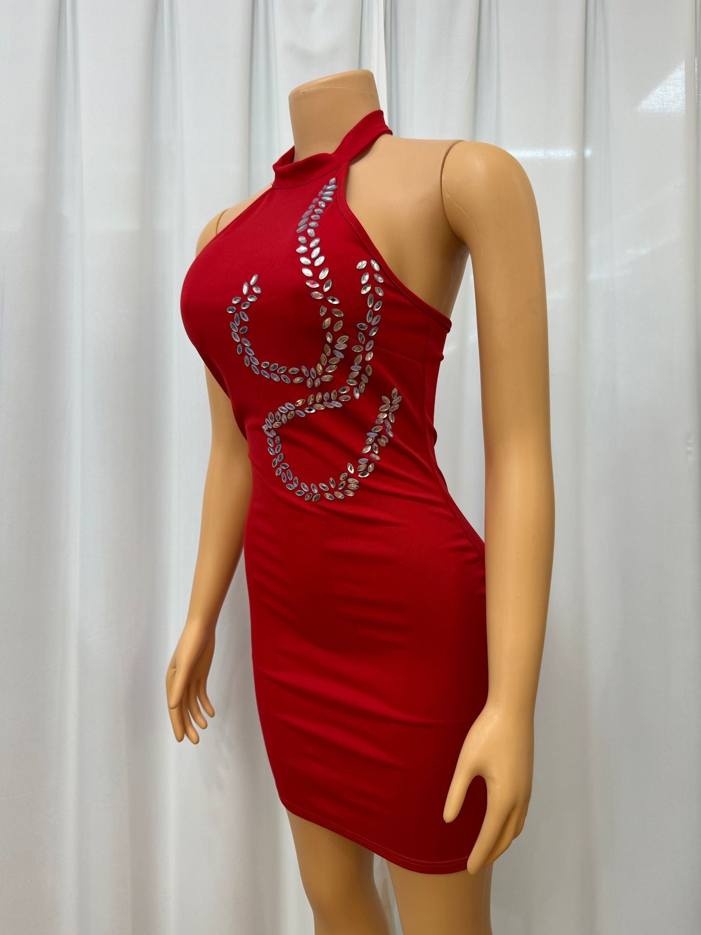 Solid color Halter Neck diamond Low Back Bodycon evening dress for women 5