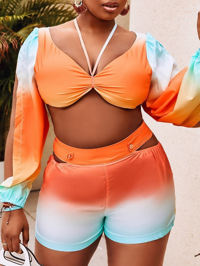 Women Elegant Gradient Lace Zipper Hollow Top and Shorts Two-piece Set 4