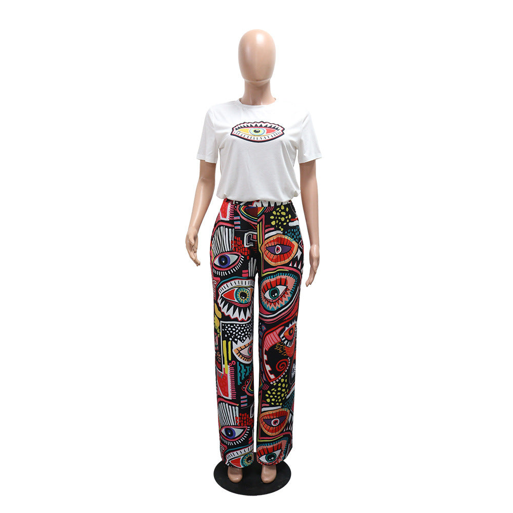 Women Printed Round Neck Short Sleeve Top and Wide Leg Pants Two Piece Set 4