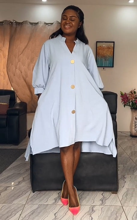 Women Solid Irregular Lantern Sleeve Dress 5