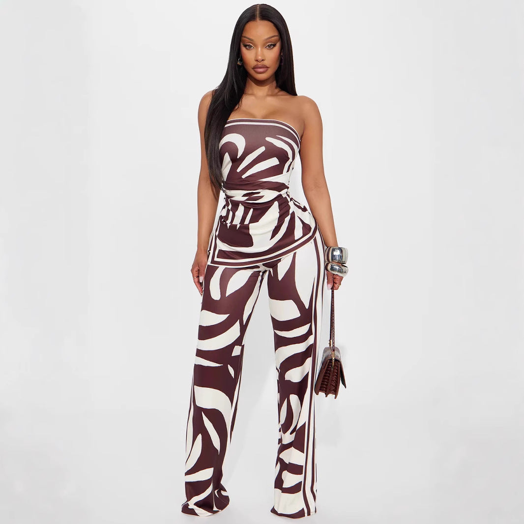 Women Sexy Slit Strapless Top Long Pants Two-piece Set 6