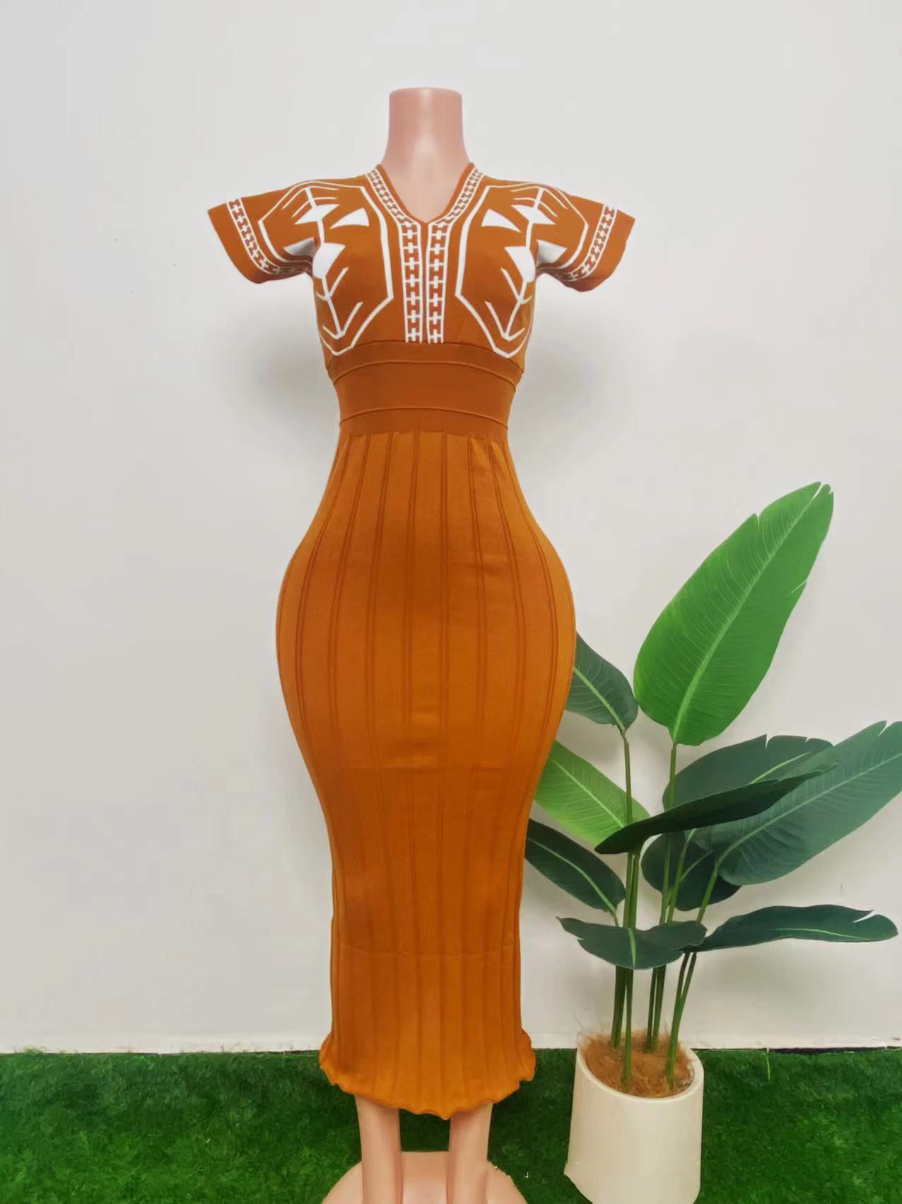 Women's Spring Elegant V-Neck High Waist Knit Jacquard Long Dress 4