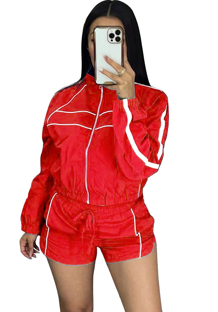 Women sexy long-sleeved zippered contrast webbing top and shorts two-piece set