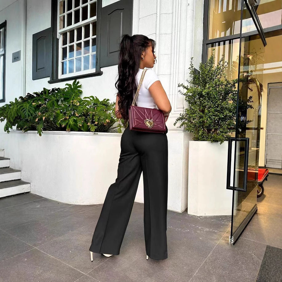 Career Women's Fashion Casual Elegant Loose Pocket Straight Pants 3