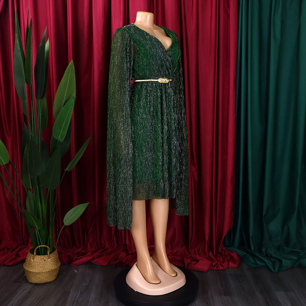 Belted V-Neck Chic Long Sleeve Cape Slim Waist Gown Dress 26