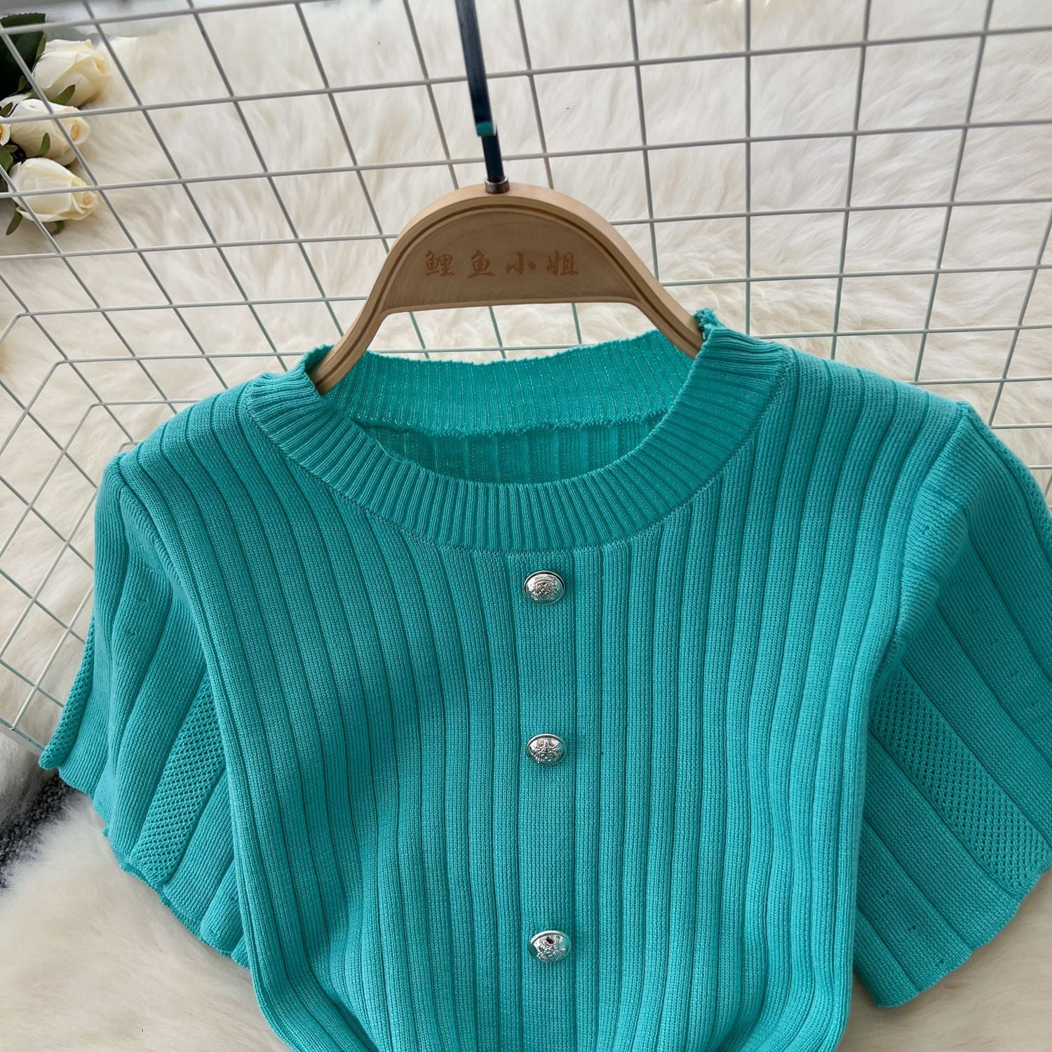 Chic Knitting Round Neck Single-Breasted Short-Sleeved Slim Midi Dress 15