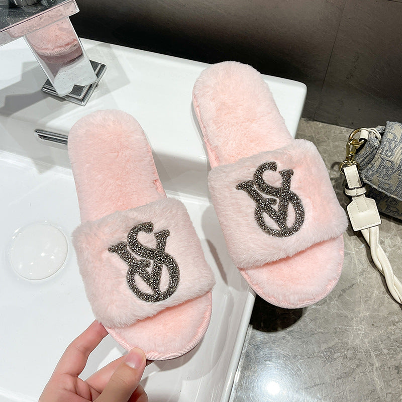 Women rhinestone furry diamond slippers 4