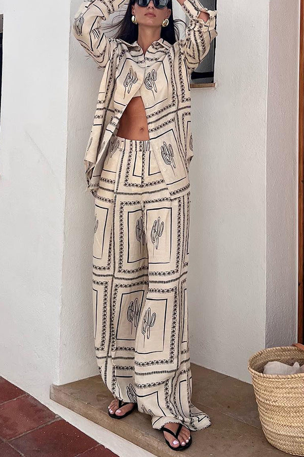 Printed Long-Sleeved Shirt And Trousers Two-Piece Set Home Wear