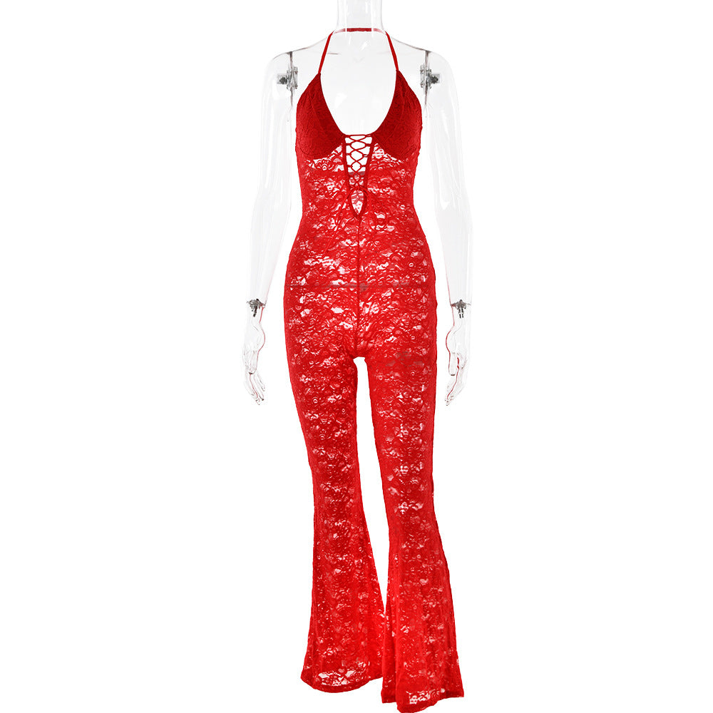 Spring Sexy Fashion See-Through Hollow Lace Low Back Halter Neck Slim Women's Summer Jumpsuit 10