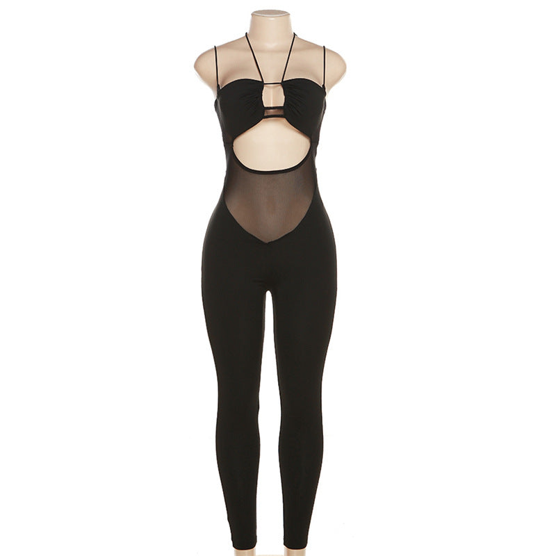 Summer Women's Sexy Hollow See-Through Halter Neck High Waist Tight Fitting Knitting Jumpsuit 9