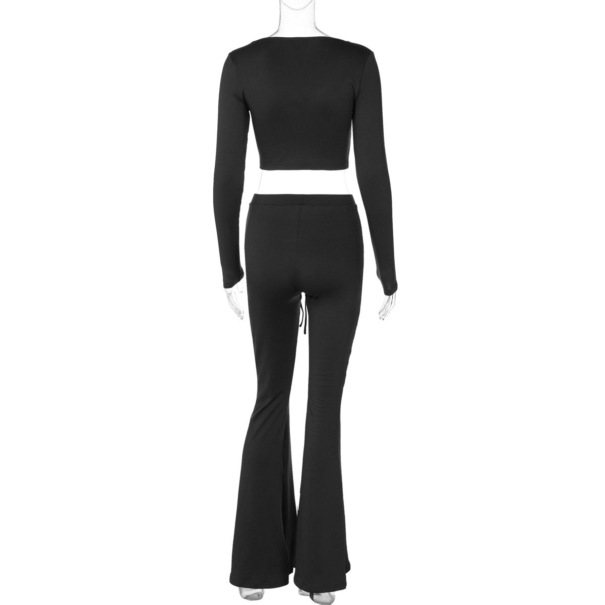 Winter Fashion Solid Color Long Sleeve Top Drawstring Pleated Bell Bottom Pants Women Two Piece Set 13