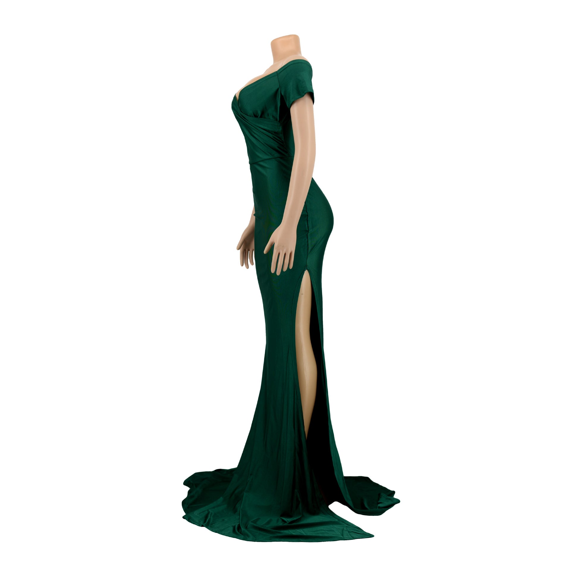 Women Short Sleeve French Sexy V-Neck Evening Dress solid Split Long Dress 22