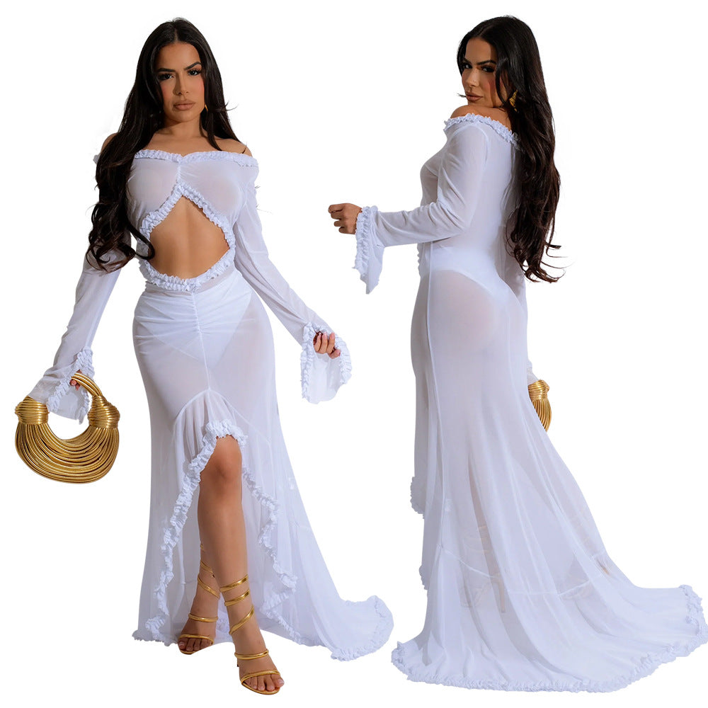 Solid Color See-Through Off Shoulder Long-Sleeved Sexy Long Dress 3