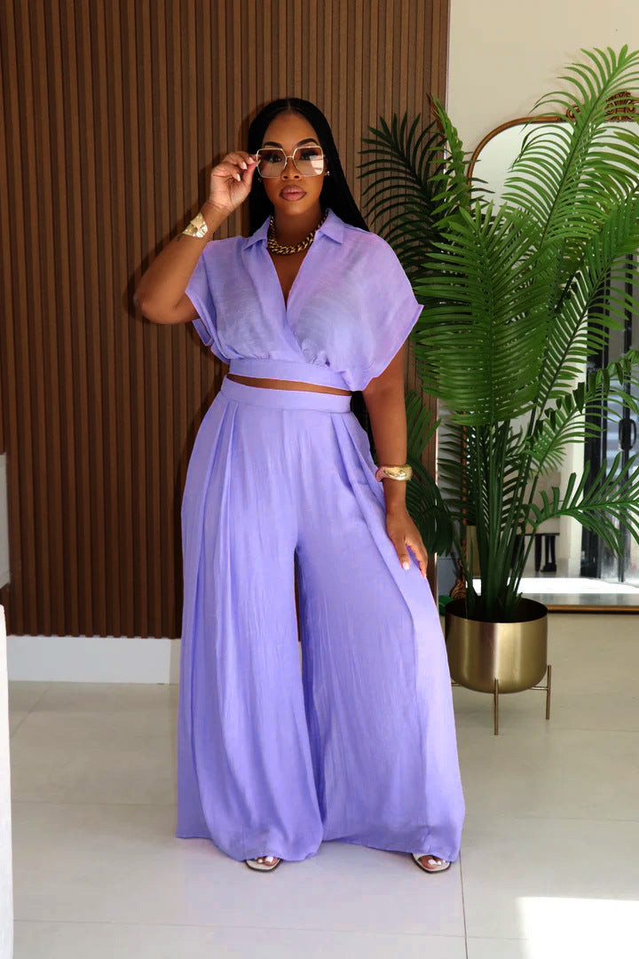 Women african solid turndown collar v neck top wide leg pants two piece set