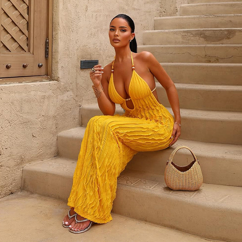 Women Summer Sexy Halter Neck Pleated V Neck Backless Lace-Up Dress 3