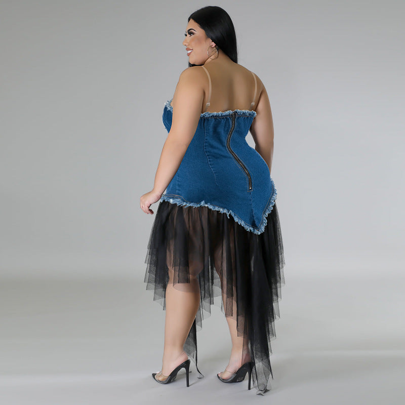 Plus Size Women Suspender Off Shoulder Denim Patchwork Mesh Dress 4