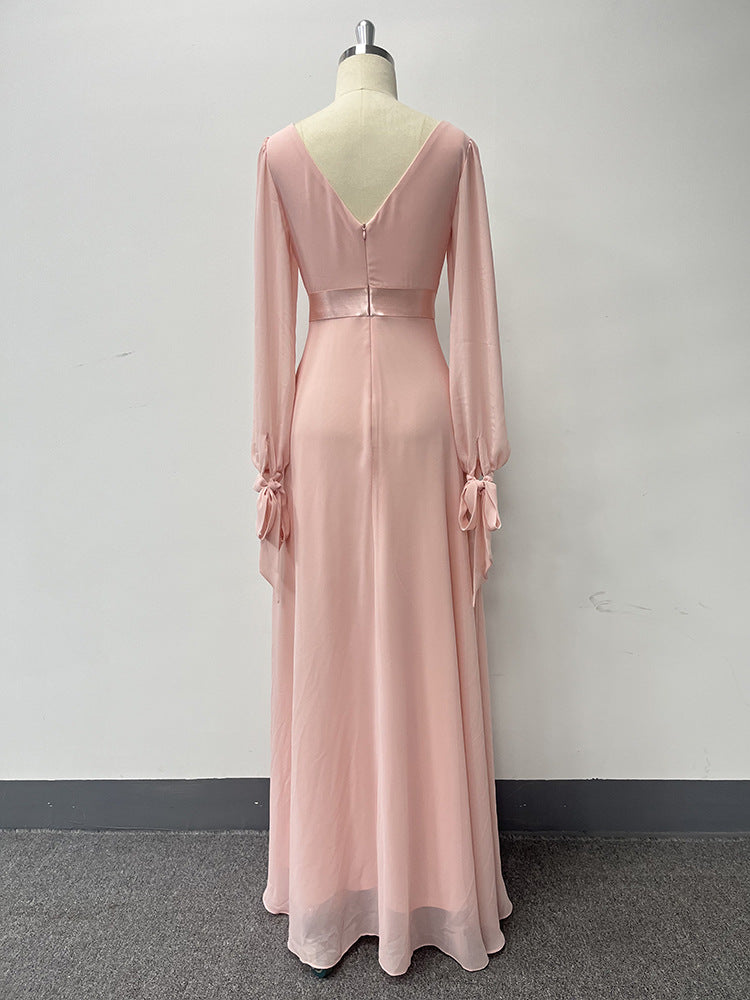 Pink Chiffon Dress Lace-Up Long Sleeves V-Neck Patchwork Elastic Waist Full Swing Evening Dress 13
