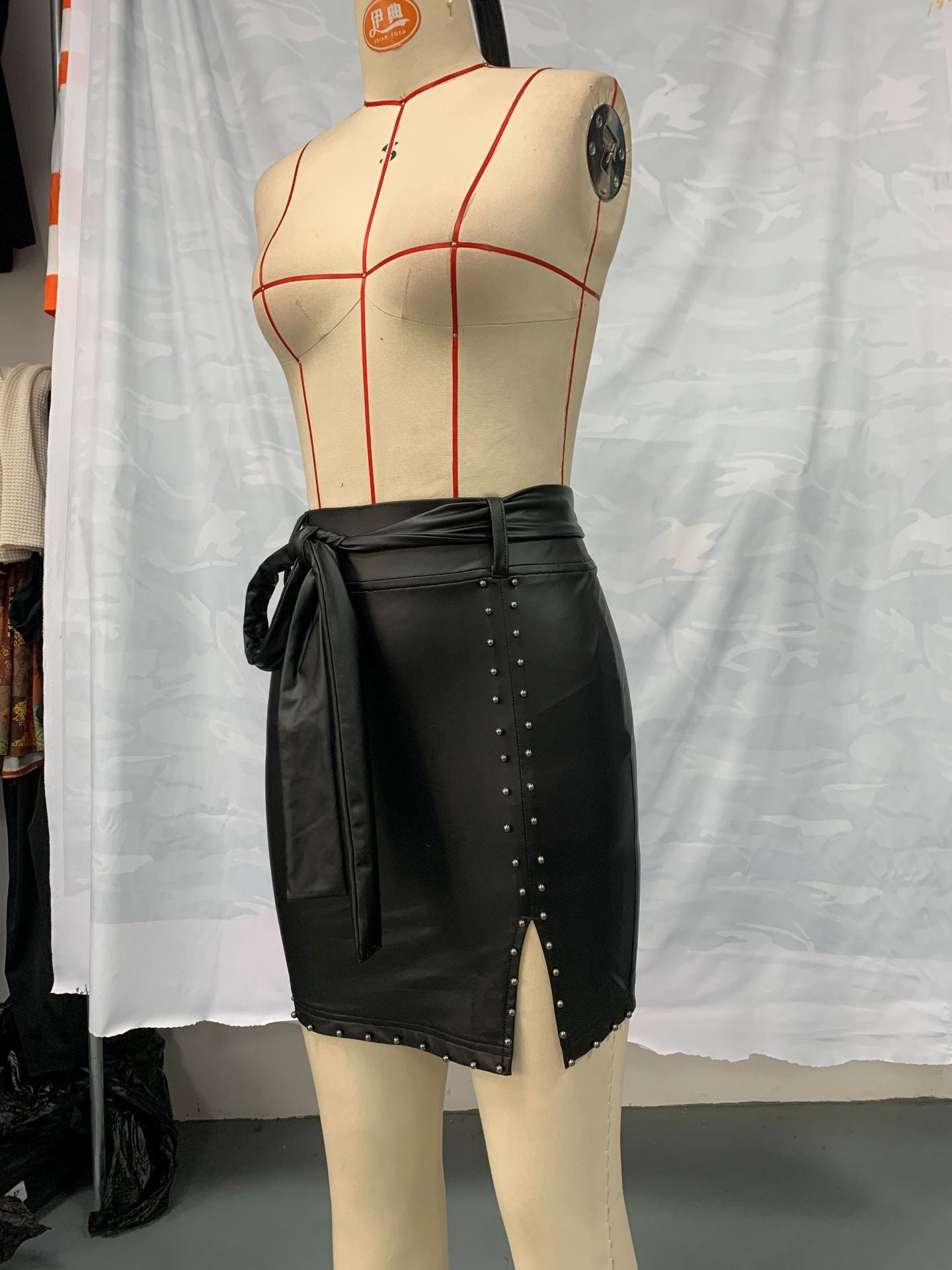 Women Casual Solid Pu-Leather Belt Zipper Bodycon Skirt 14