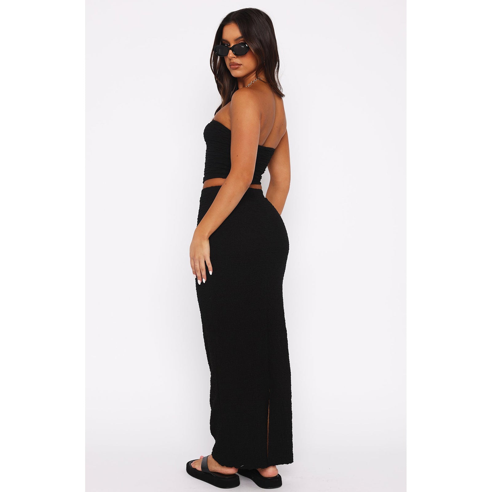 Women's Solid Strapless Top Slit Skirt Set Two Piece Set 16