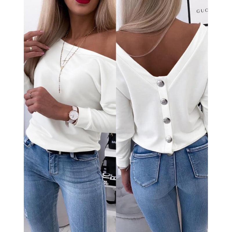 Autumn Long-Sleeved Back Button Solid Color V-Neck Shirt Top 5