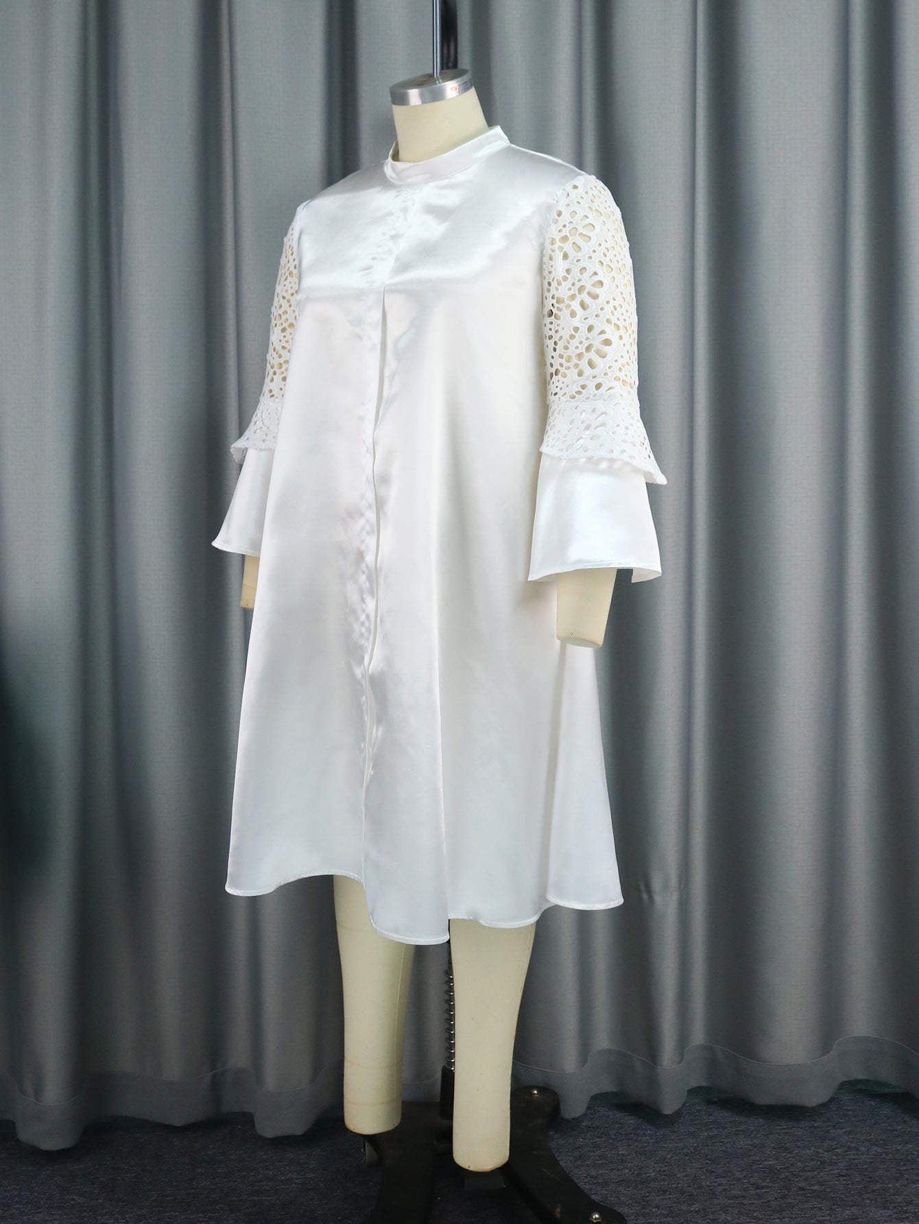 Casual Career Style Bell Bottom Sleeve Dress Plus Size Lace See-Through Patchwork Skirt Dress 7