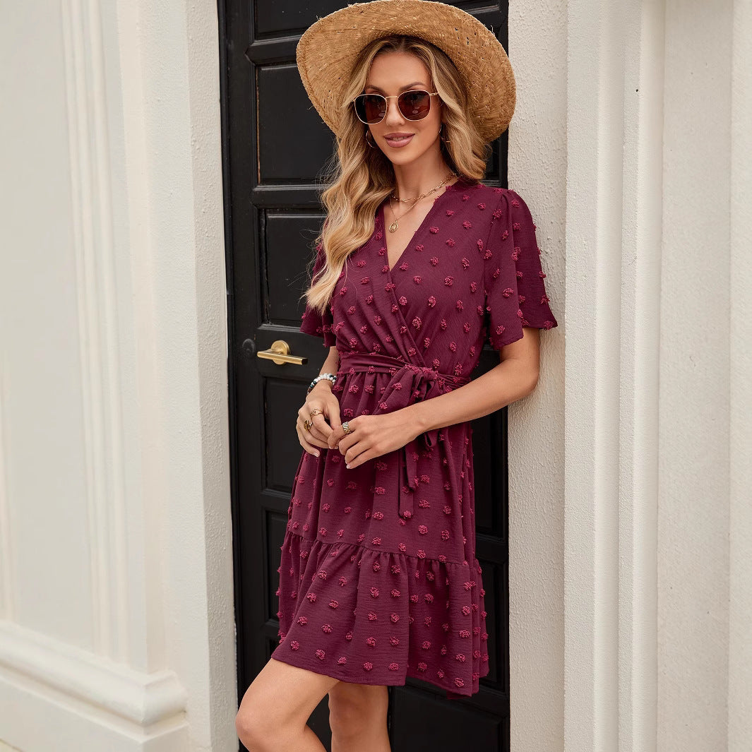Women Ruffle Sleeve V Neck Lace-Up Dress 4