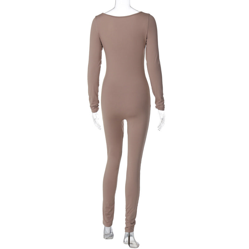 Women Winter Solid Square Neck Pleated Long Sleeve Jumpsuit 14