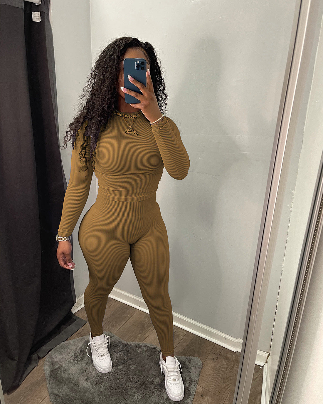 Women'S Two-Piece Set Autumn Winter Solid Color Ribbed Slim Long Sleeve Two Piece Trouser Set 15