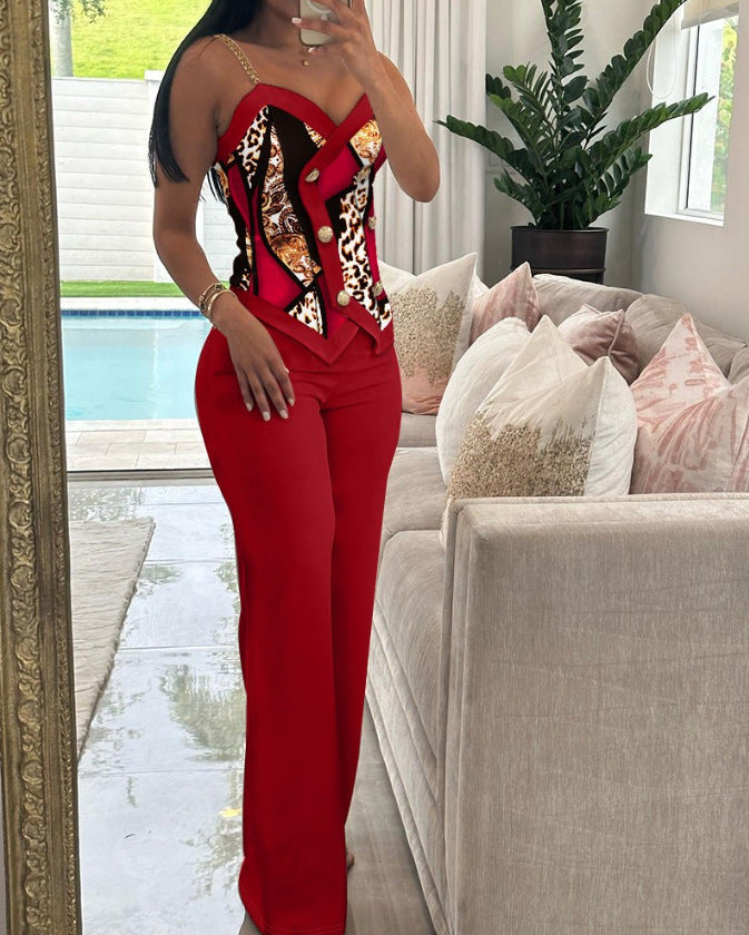 Fashion Printed Double-Breasted Strap Women's Two Piece Pants Set 14