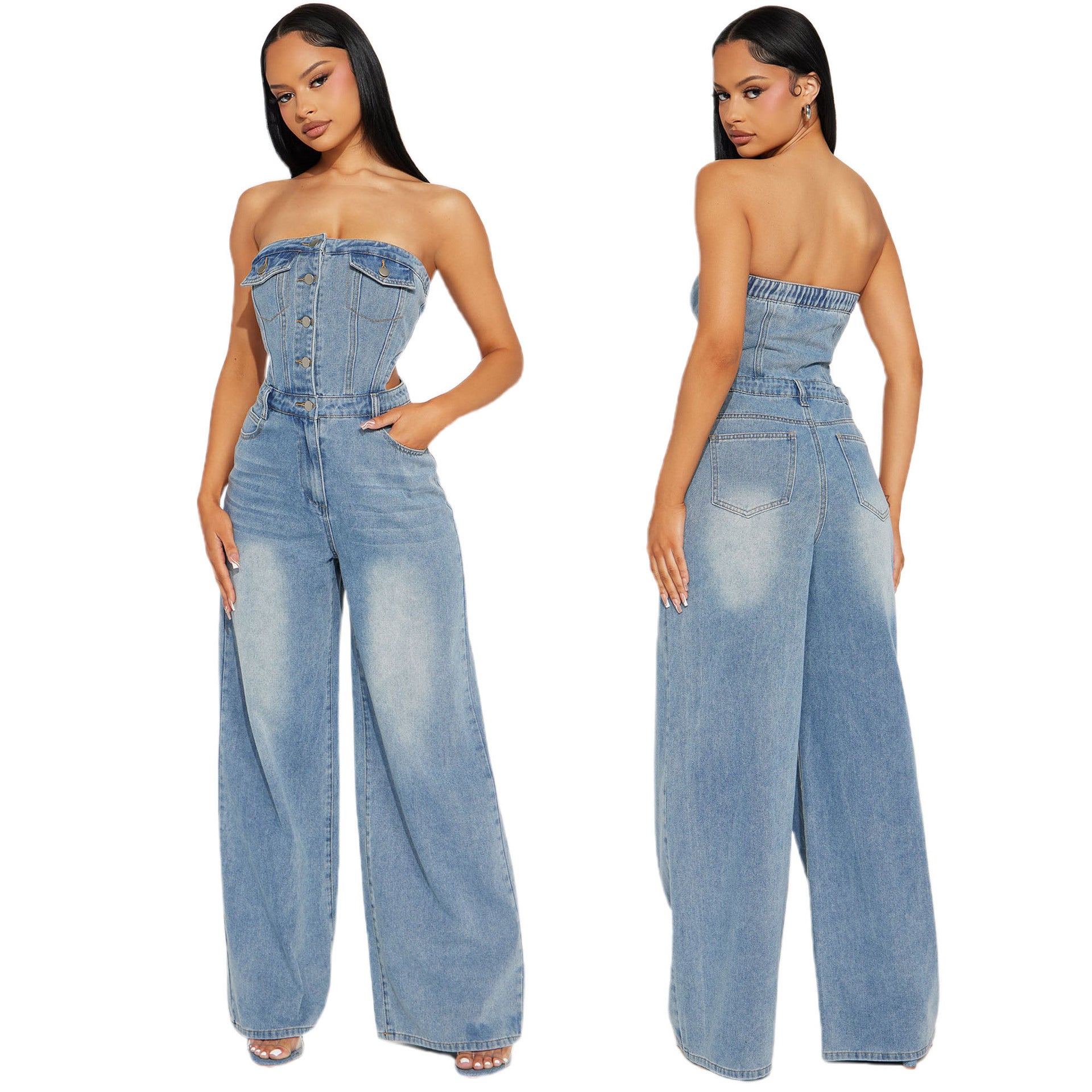 Women Strapless Off Shoulder Wide Leg Denim Jumpsuit 4