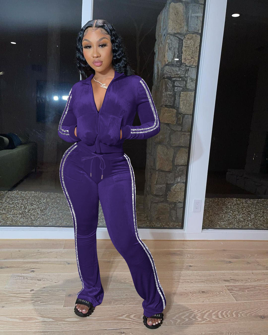 Women's Solid Velvet Casual Zip Top Wide Leg Pants Two Piece Tracksuit 21