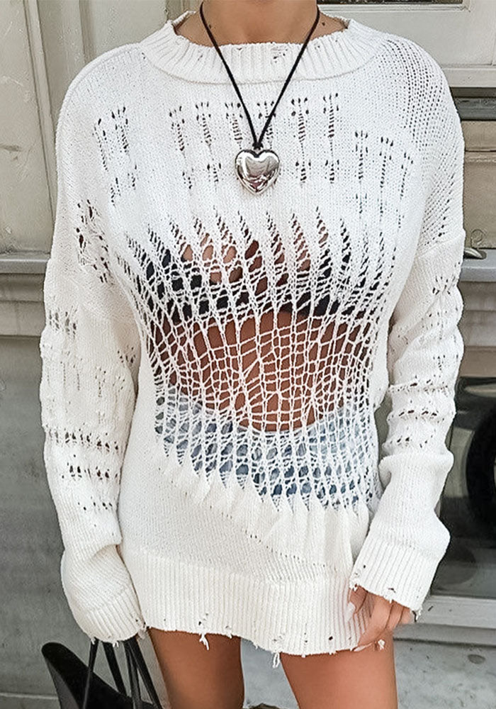 Women autumn and winter hollow Ripped knitting Top