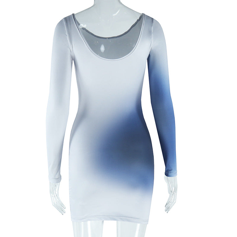 Sexy Round Neck Gradient Print Long Sleeve Slim Bodycon Women Dress 12