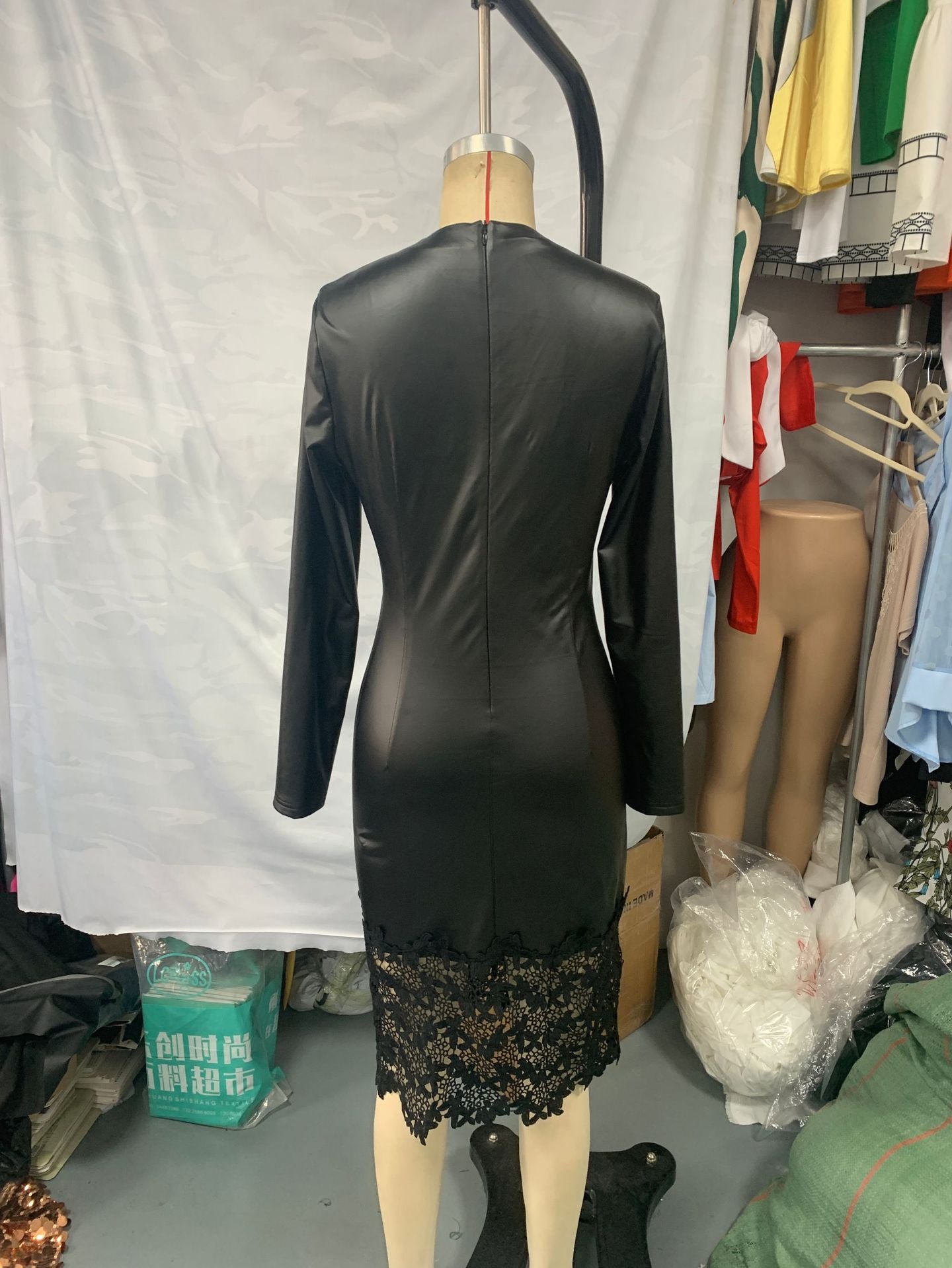 Women's pu Leather v-neck sexy long sleeve slim lace dress 8