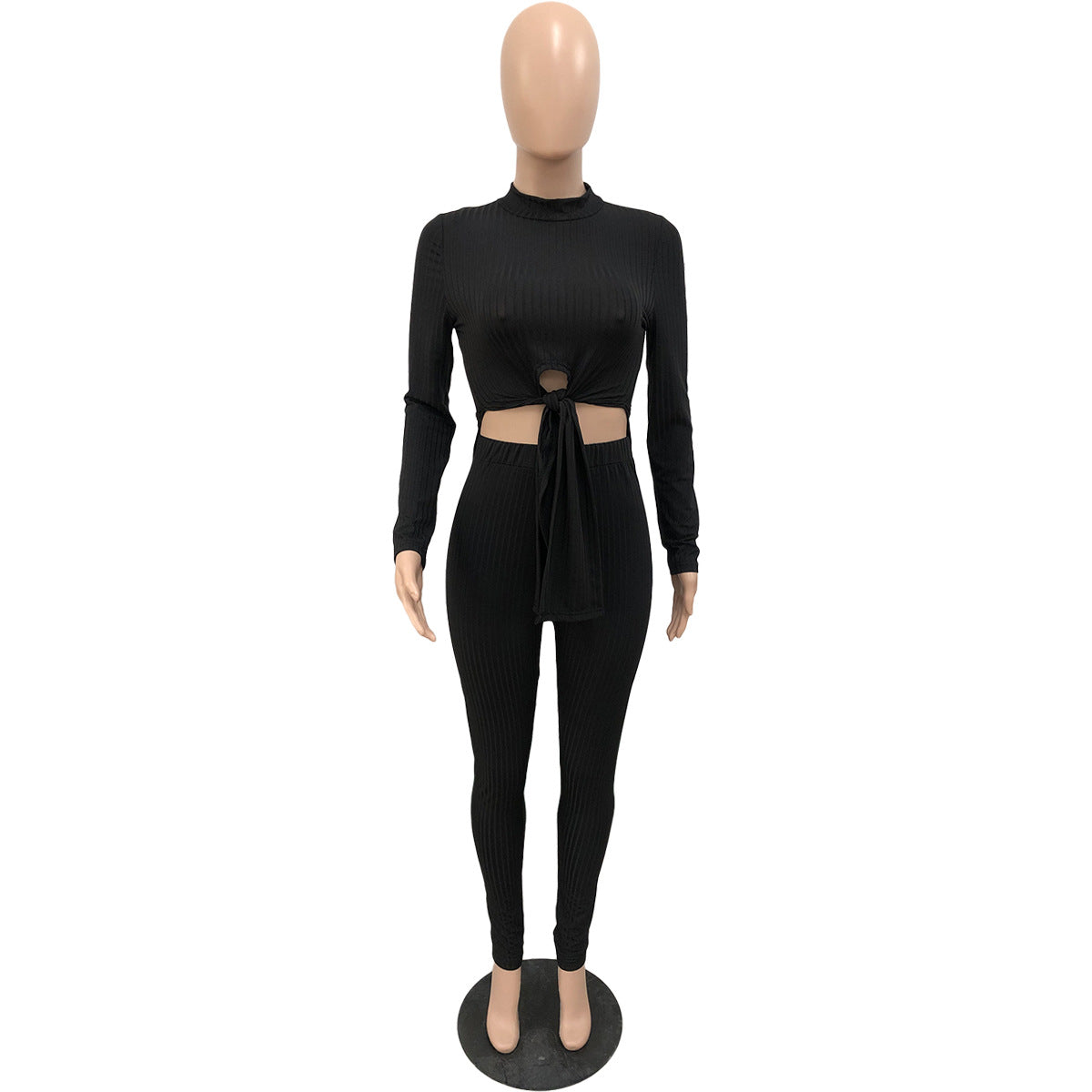 Women Ribbed Lace-Up Round Neck Long Sleeve Top and Pant Two Piece 7