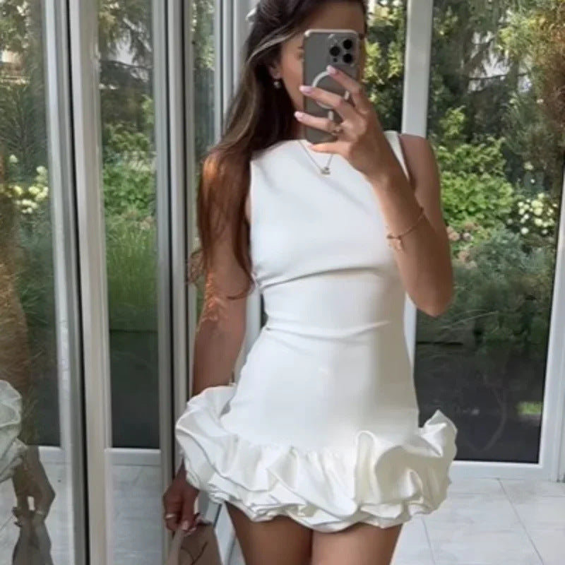 Women's Fashionable White Sleeveless Short Ruffle Dress
