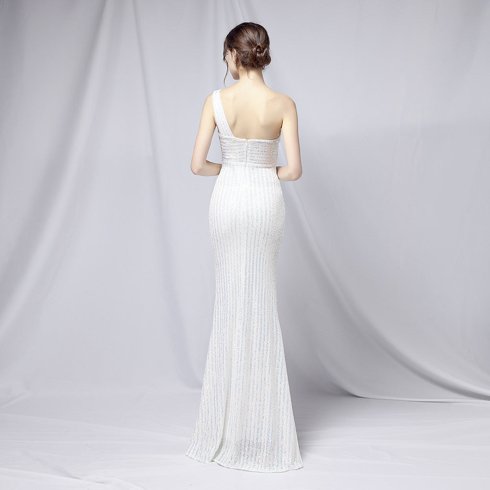 Summer Formal Sequin One-Shoulder Slit Evening Dress