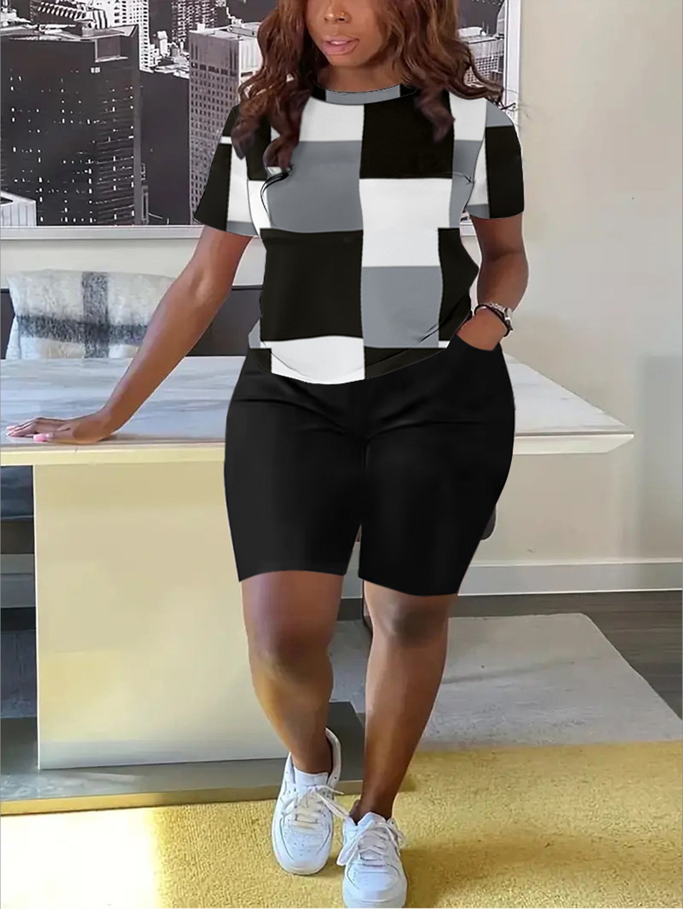 Summer women's print loose short-sleeved T-shirt shorts Casual two piece set 3