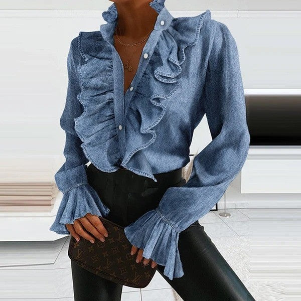Women's Summer Ruffled Bell Bottom Pleated Sleeve Long Sleeve Shirt 13