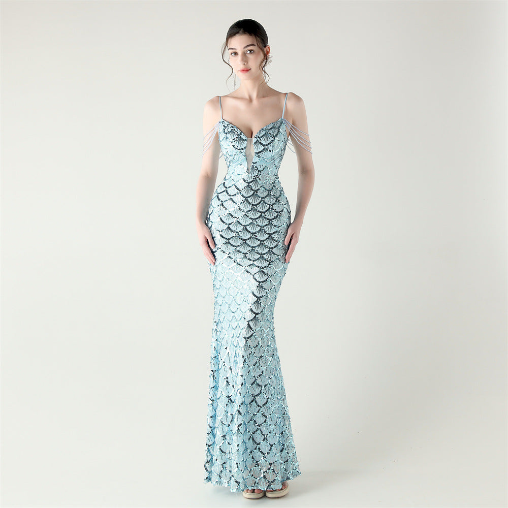 Deep V Strap Sequin Fishtail Evening Dress for Formal Occasions 9