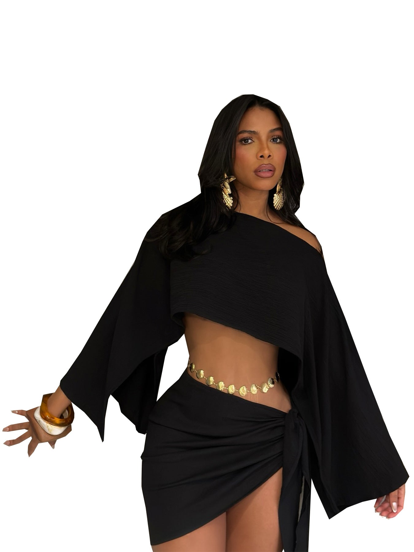 Women's Summer Beach Holidays Slash Shoulder Top Lace-Up Bodycon Short Skirt Set 11