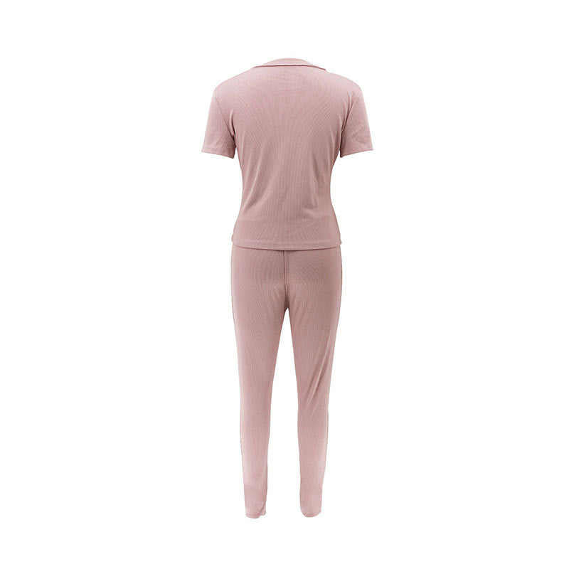 Casual Fashion Pink Short Sleeve T-shirt Tight Fitting Pants Two-piece Women's Set 4